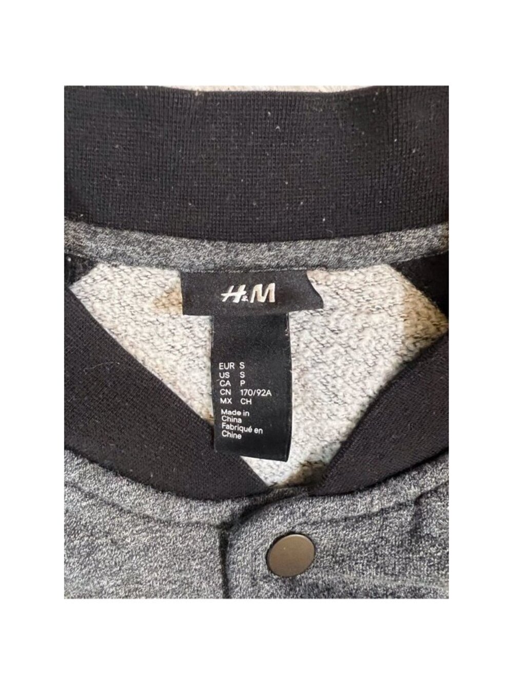 H&M Mens Varsity Jacket Black Sweatshirt Sm Gray Color Block Snap Pockets Collar - Picture 6 of 6